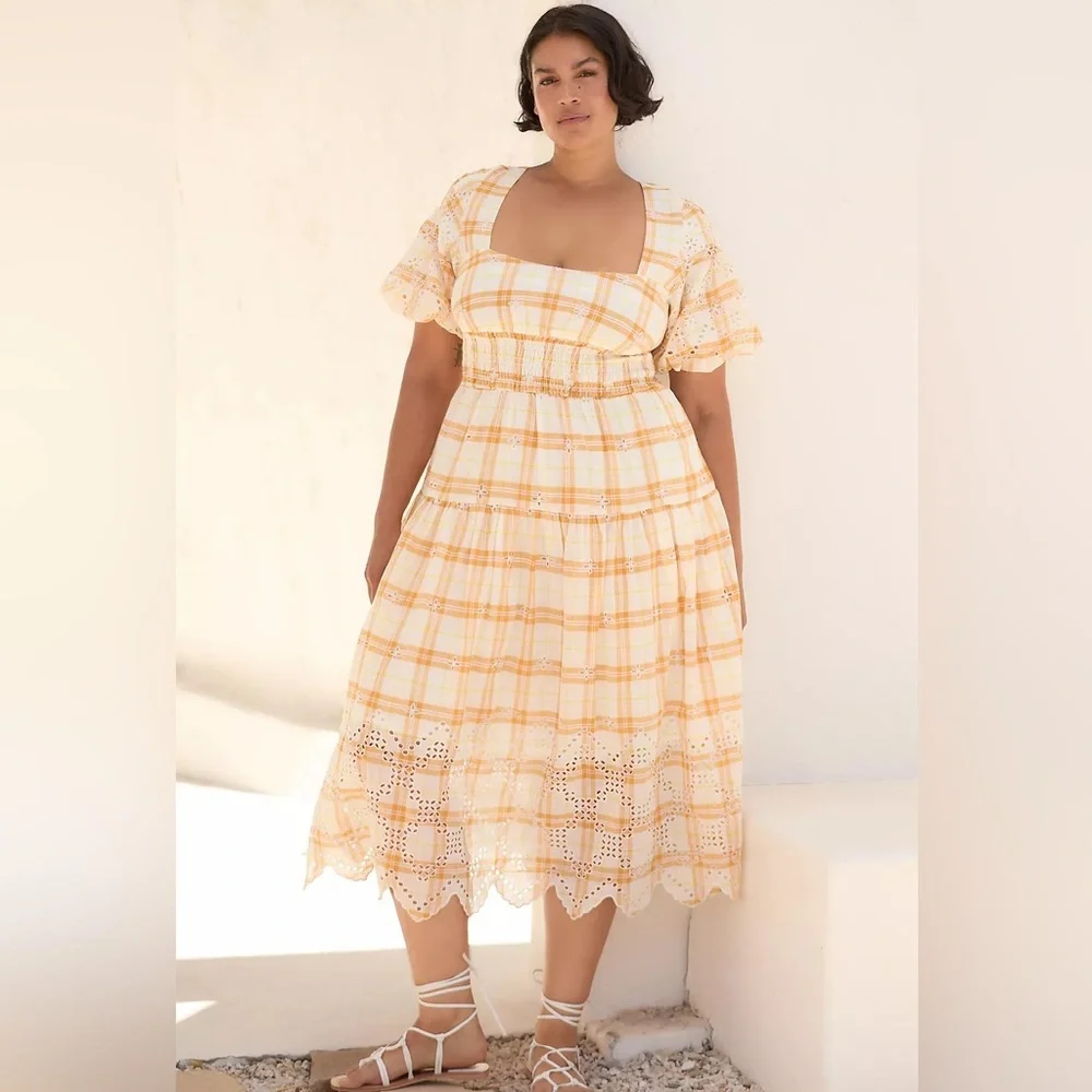 Anthropologie Puff-Sleeve Eyelet Midi Dress Size Large Smocked Plaid Yellow - Picture 9 of 17